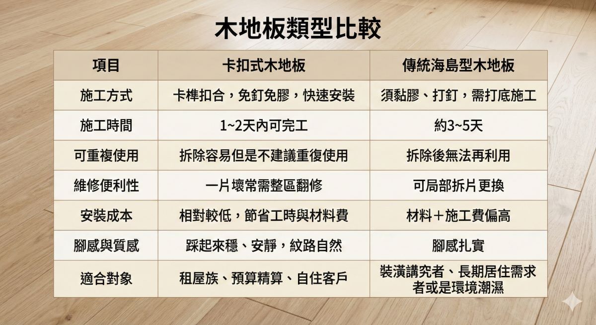卡扣和傳統木地板比較表