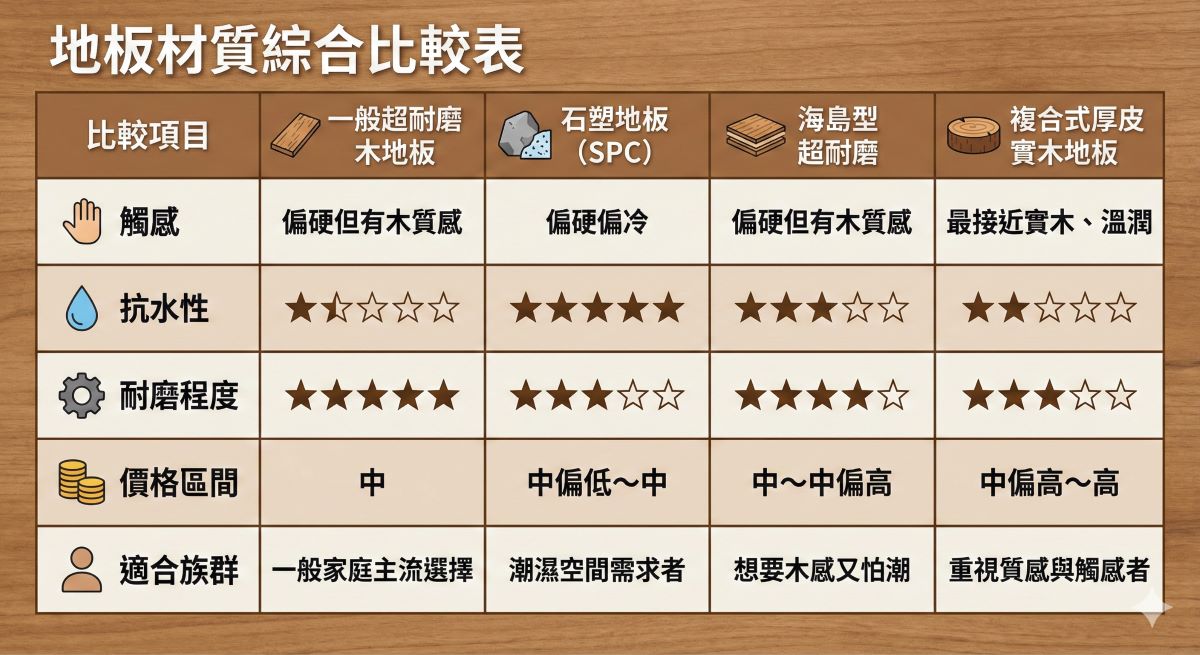 一般超耐磨 Vs. 石塑地板 (SPC) Vs. 海島型超耐磨 Vs. 實木地板：材質大比拚