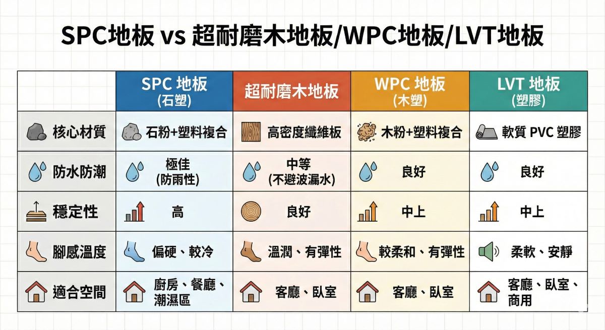 SPC地板和超耐磨 WPC LVT地板比較圖