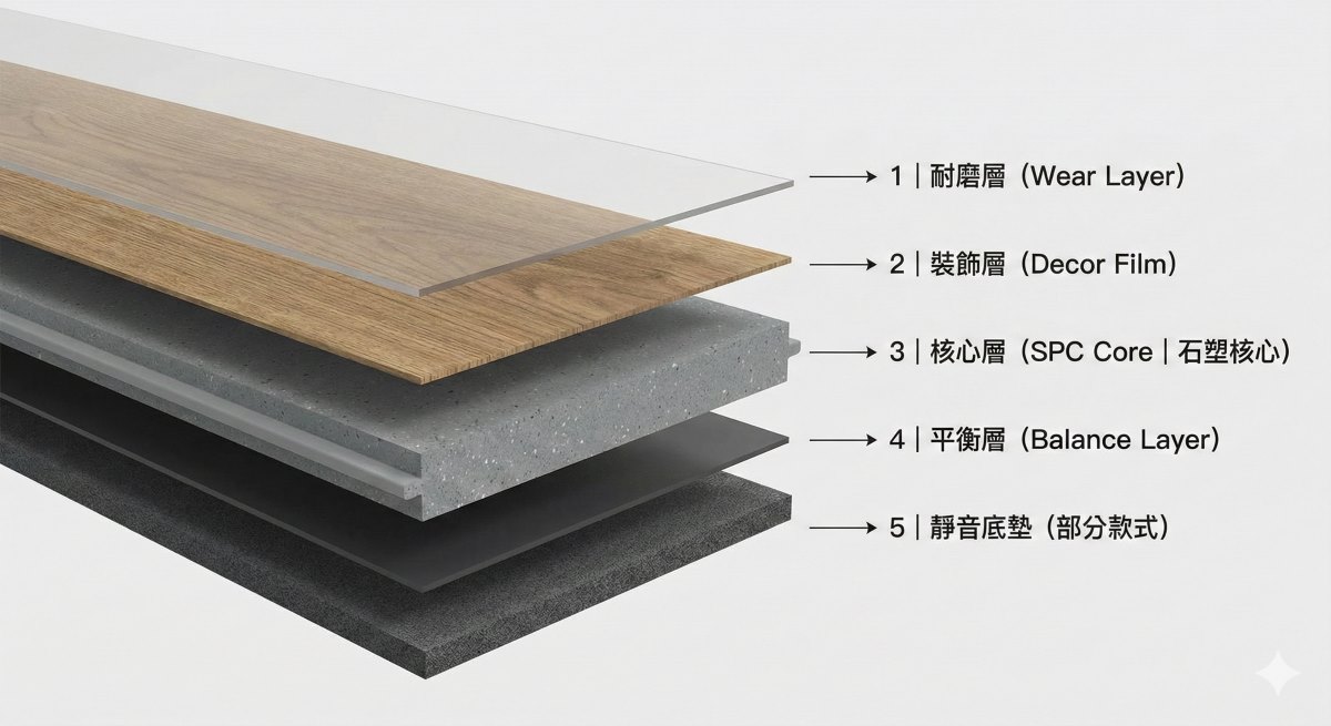 SPC地板/石塑地板結構圖-5大層材質解析