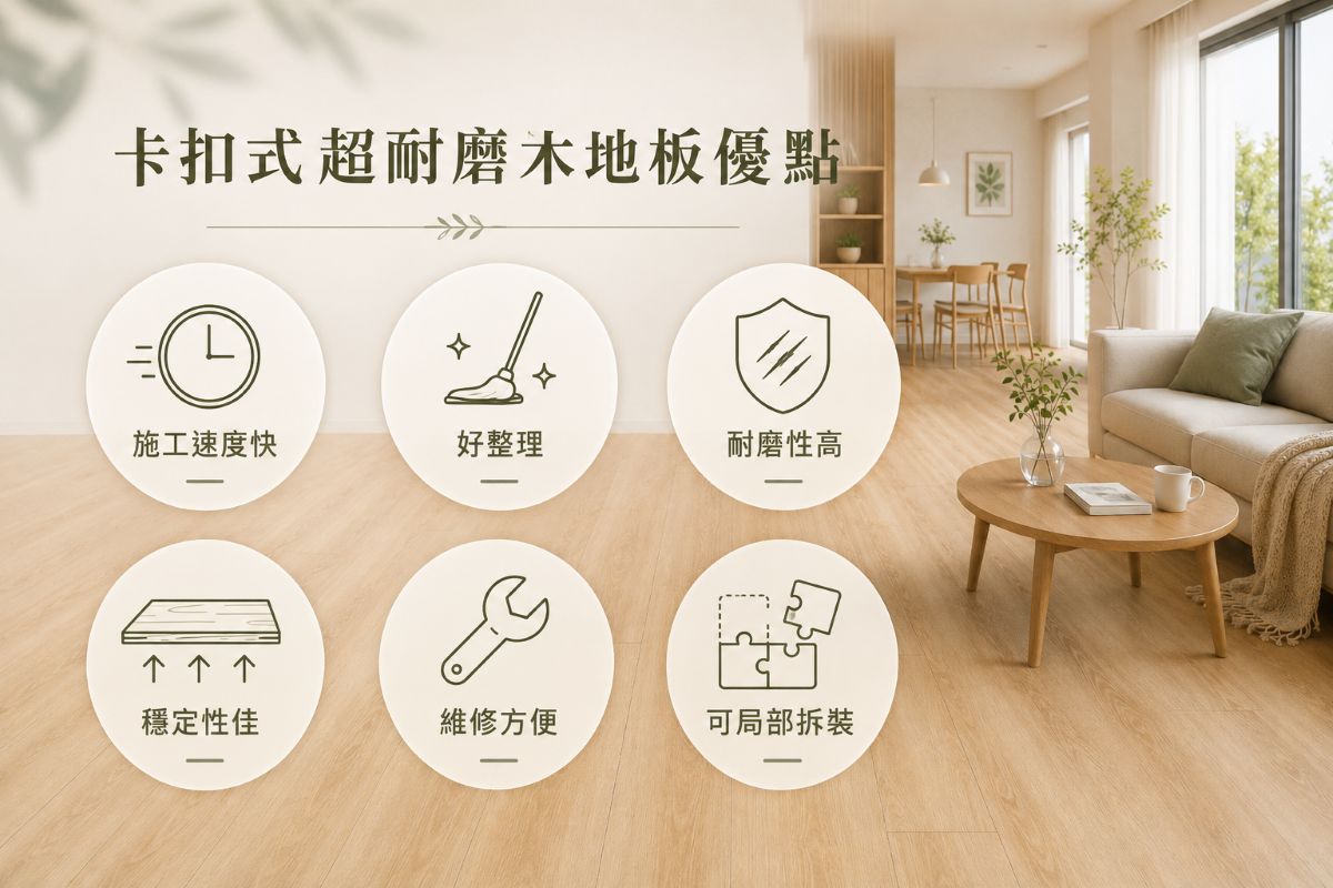 卡扣式超耐磨木地板優點示意圖