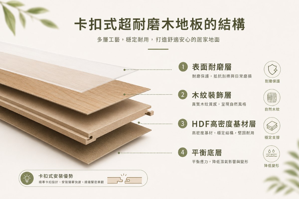 卡扣式超耐磨木地板的結構圖