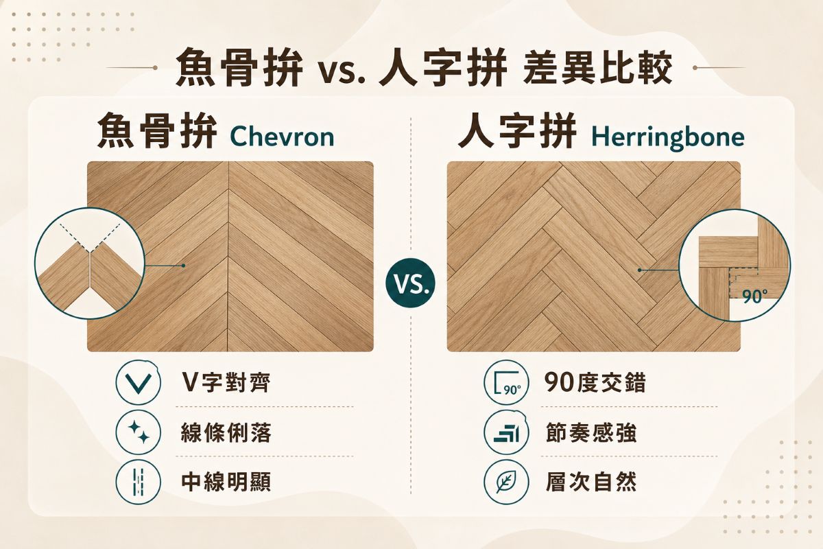 魚骨拚和人字拼的差異比較圖