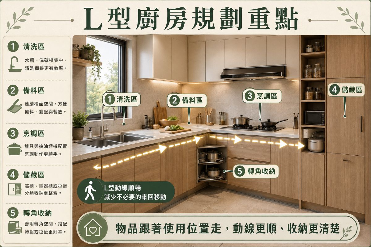L字型廚房系統櫃 規劃動線和收納重點