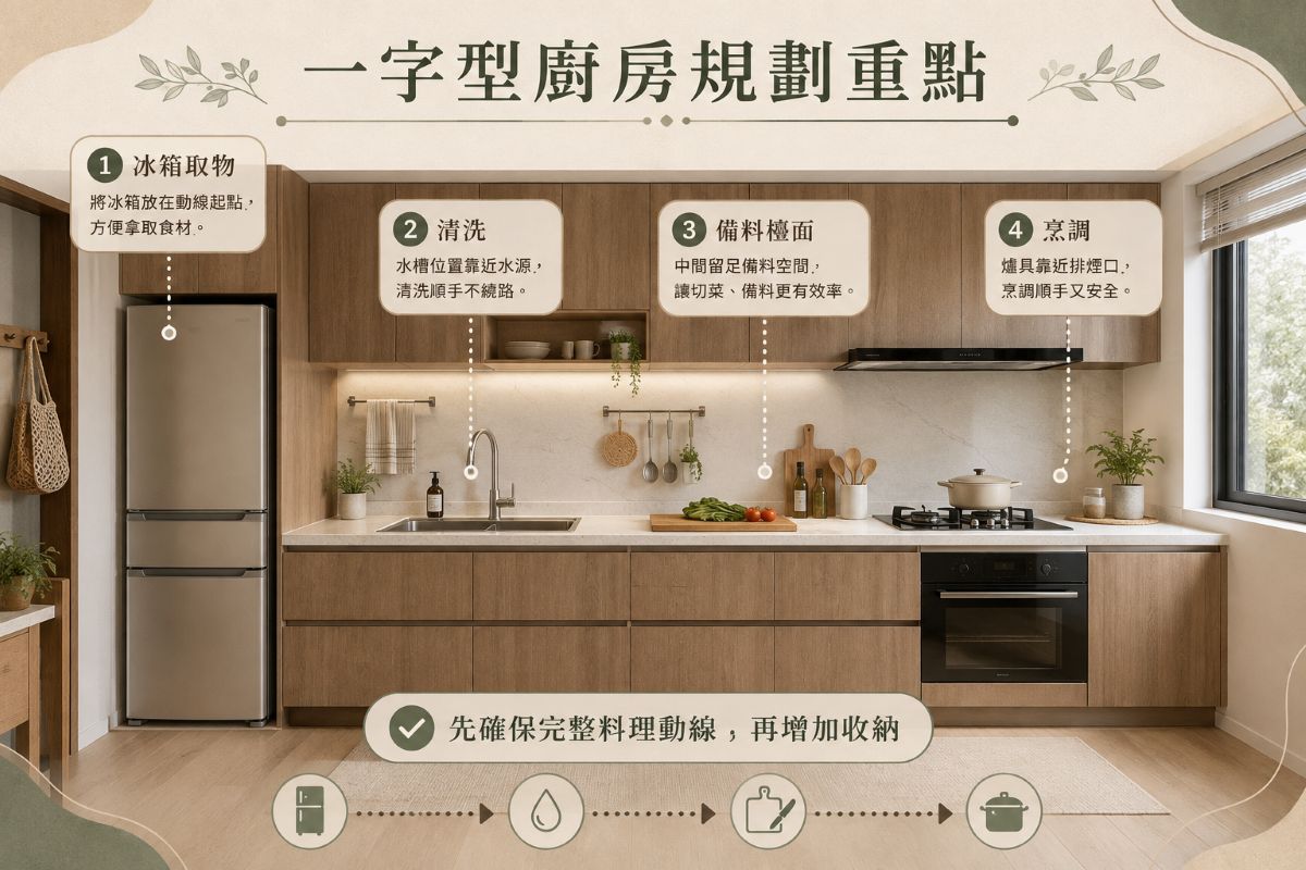 一字型廚房系統櫃規劃動線和收納重點