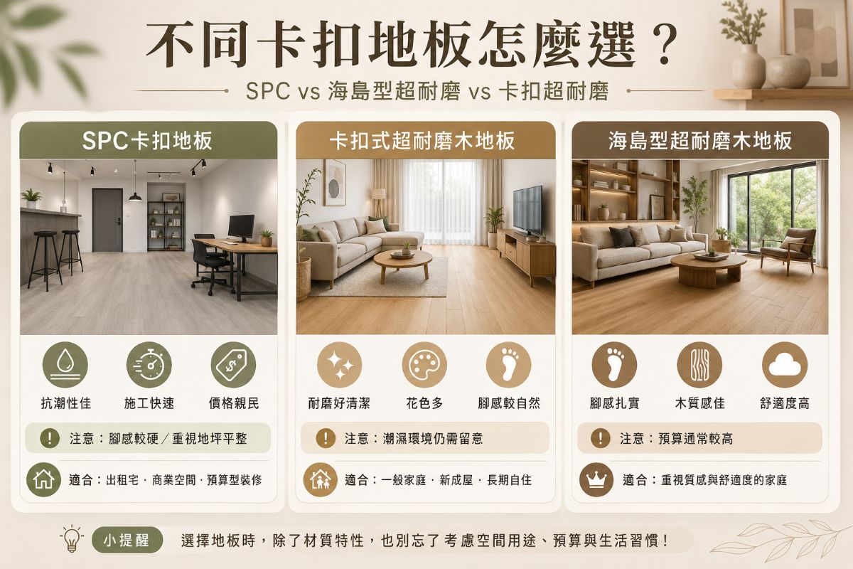 不同卡扣地板特色比較表：SPC vs 海島型超耐磨 vs 卡扣超耐磨
