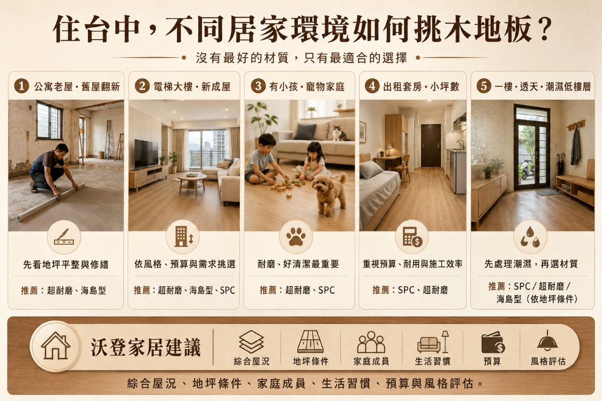 在台中不同居家空間挑選木地板重點說明圖